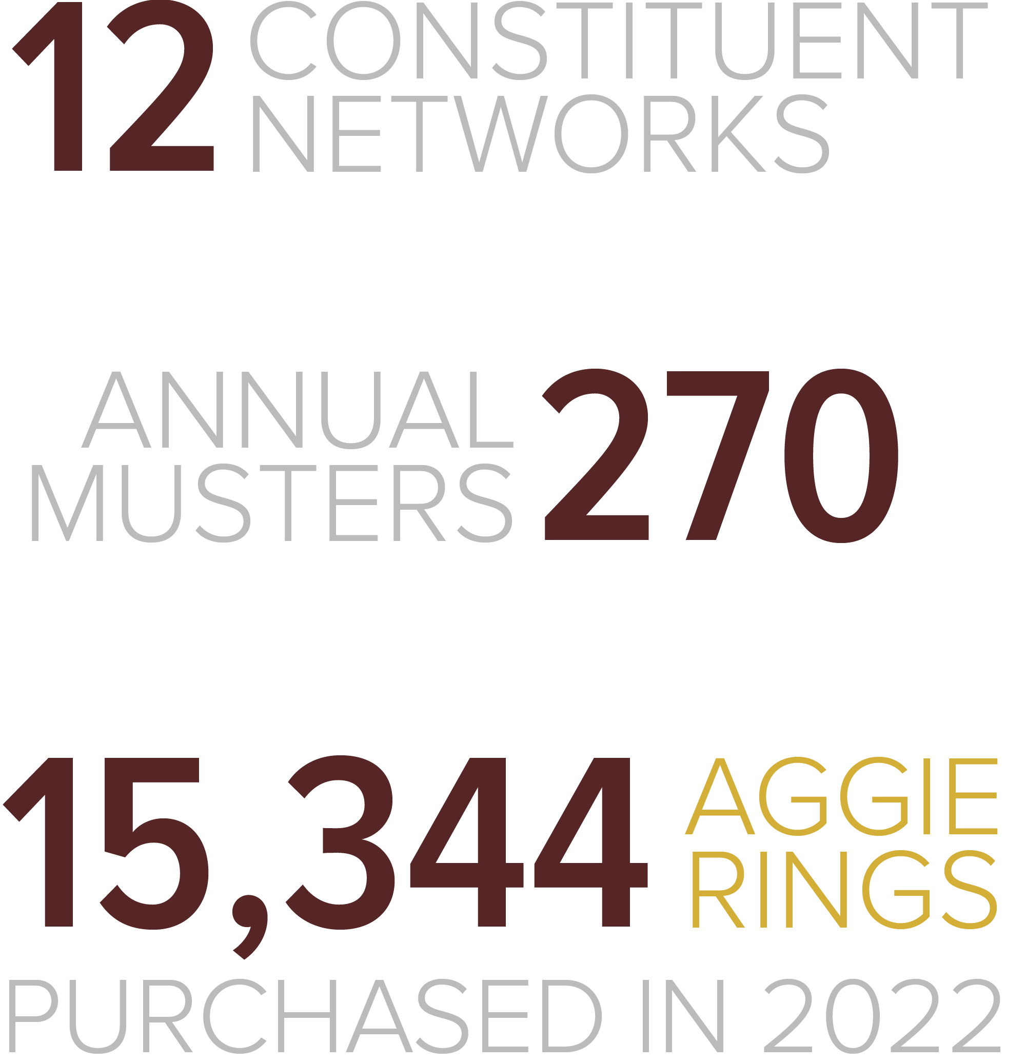 The Aggie Network has 11 constituent networks, supports over 300 annual Aggie Musters, and 15,264 Aggie Rings were purchased in 2019.